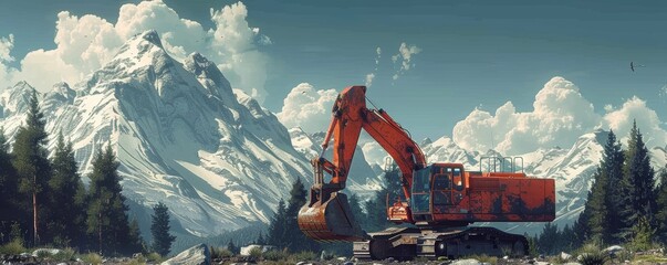 Heavy Construction Excavator in Scenic Mountain Landscape with Snow-Capped Peaks and Pine Forest