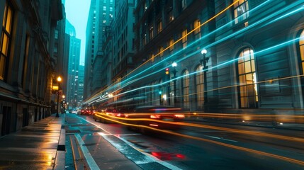 Obraz premium Dynamic Night Cityscape with Light Trails from Passing Cars on a Wet Urban Street