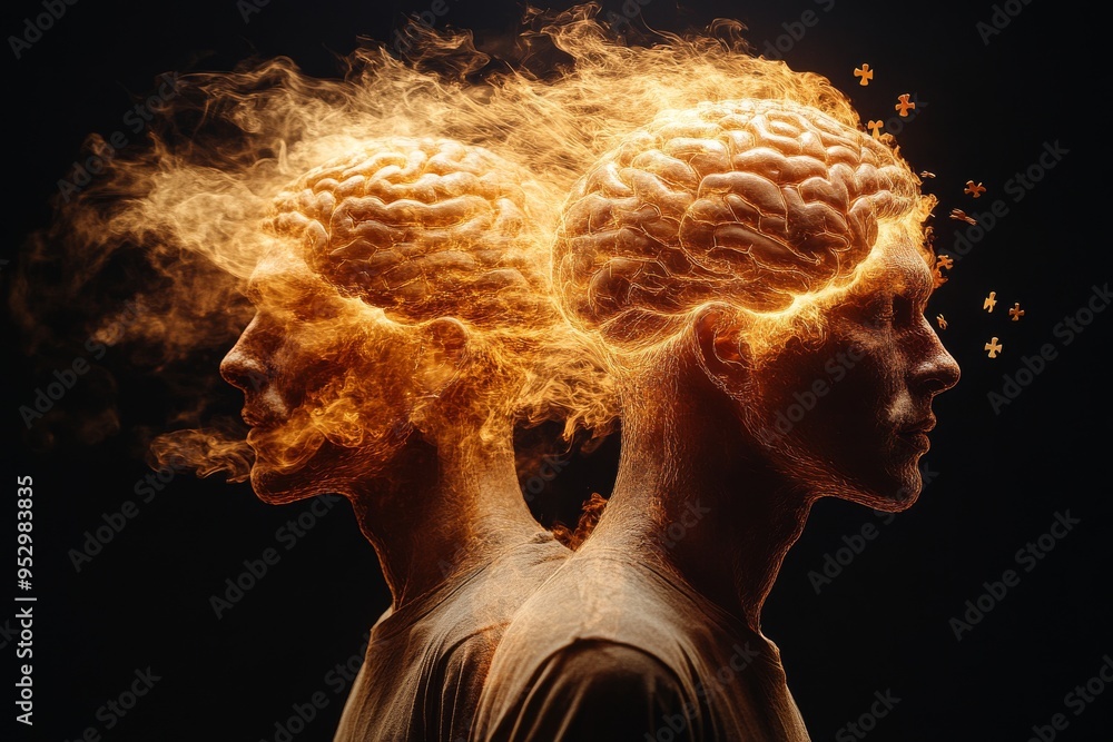 Poster abstract silhouettes with fiery brain patterns symbolizing cognitive energy emotional passion and th