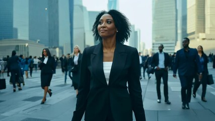 African American businesswoman in a formal suit against the backdrop of skyscrapers in the business district. The city skyline enhances his professional aura, capturing the essence of ambition.