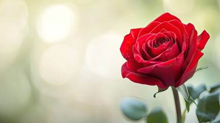 A detailed image of a vibrant red rose with space on the right for text, set against a soft-focus background, ideal for Valentine's Day.