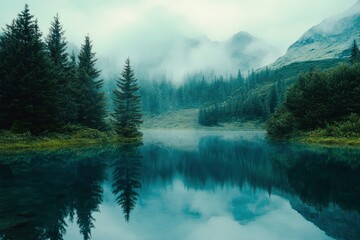 Fototapeta premium Lake Between Forests And Mountains , ai