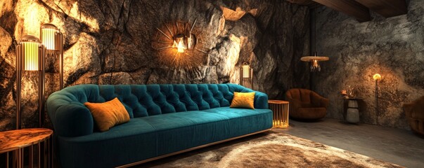 Elegant interior of a cozy living room with a plush blue couch and rustic decor, set in a unique stone environment.