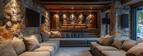 Elegant living room with plush sofas, stone walls, and ambient lighting, perfect for relaxation and social gatherings.