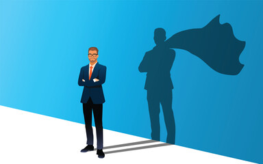Businessman dreams of becoming a superhero. Confident handsome man standing superhero shadow concept. © Jertam2567