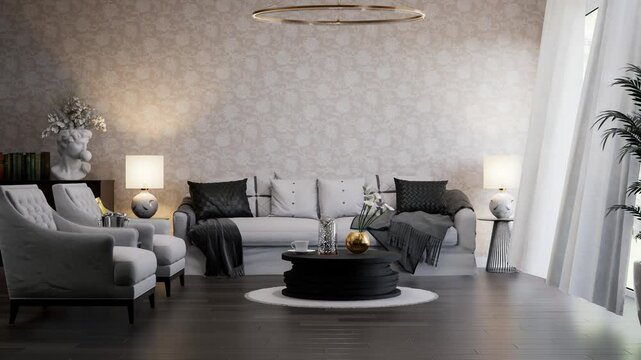 Animation of modern luxury style living room with fabric sofa 3d render, There is a black wooden floor, vintage pattern wallpaper The room has lots of natural light, The wind blows the curtains.