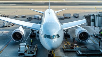 A view of an airplane at an airport gate, ready for boarding and cargo loading.
