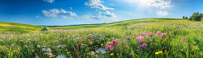 Fototapeta premium Vibrant flower-filled meadow under a bright blue sky, showcasing lush greenery and colorful blossoms in a serene landscape.