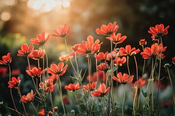Vibrant red flowers bloom in the sunlight, creating a stunning natural scene filled with warmth and beauty.