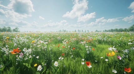 Vibrant flower field under a clear blue sky, showcasing colorful blooms swaying gently in the breeze, perfect for nature enthusiasts.