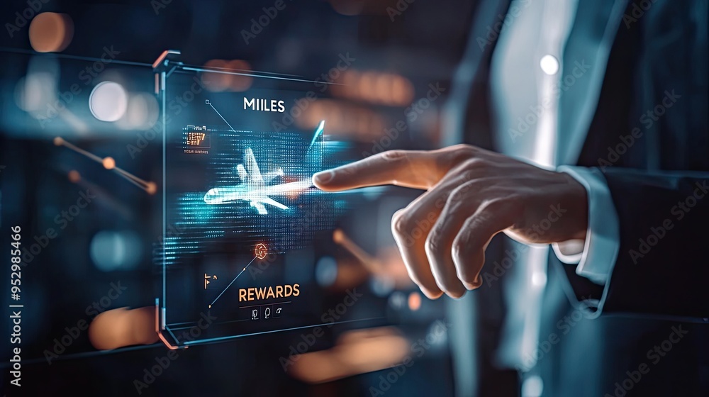 Poster a person interacting with a digital interface displaying travel rewards and flight information.