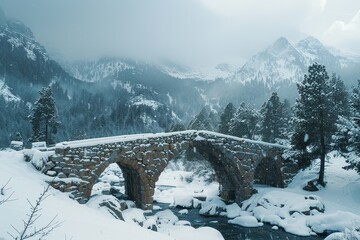 Fototapeta premium Snow-Covered Stone Bridge in Winter Wonderland