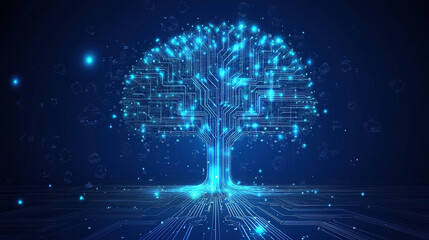 Abstract tree made of circuit board with neon effect and bokeh in futuristics concept.