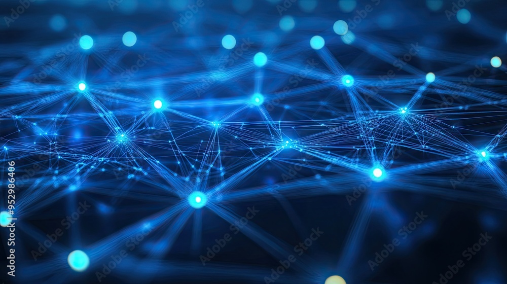 Poster a modern abstract blue technology background featuring interconnected lines and glowing nodes, symbo