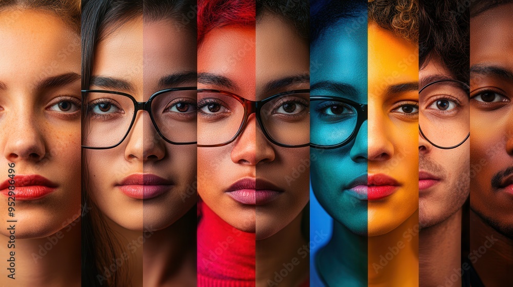 Leinwandbilder faces of diverse individuals are juxtaposed by a barrier, showcasing their differences and highlight