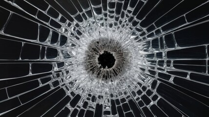 Realistic bullet hole in shattered glass, set against a black backdrop