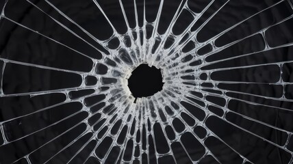 Realistic bullet hole in shattered glass, set against a black backdrop