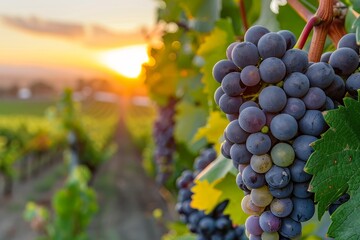Naklejka premium Vineyard Sunrise with Winery and Ripening Grapes