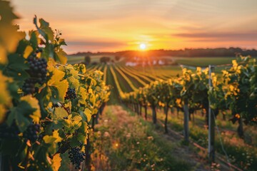 Fototapeta premium Vineyard Sunset: Winery's Glow on Ripening Grapes