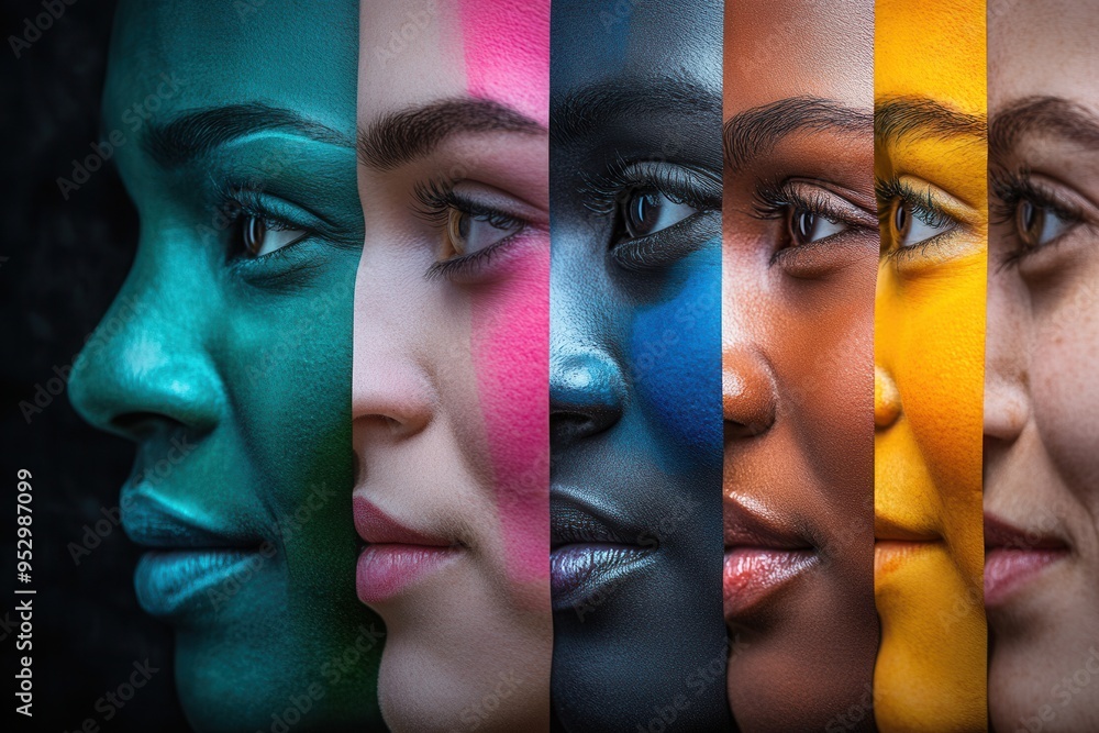 Poster faces of diverse individuals are separated by a barrier, showcasing vibrant colors that emphasize th