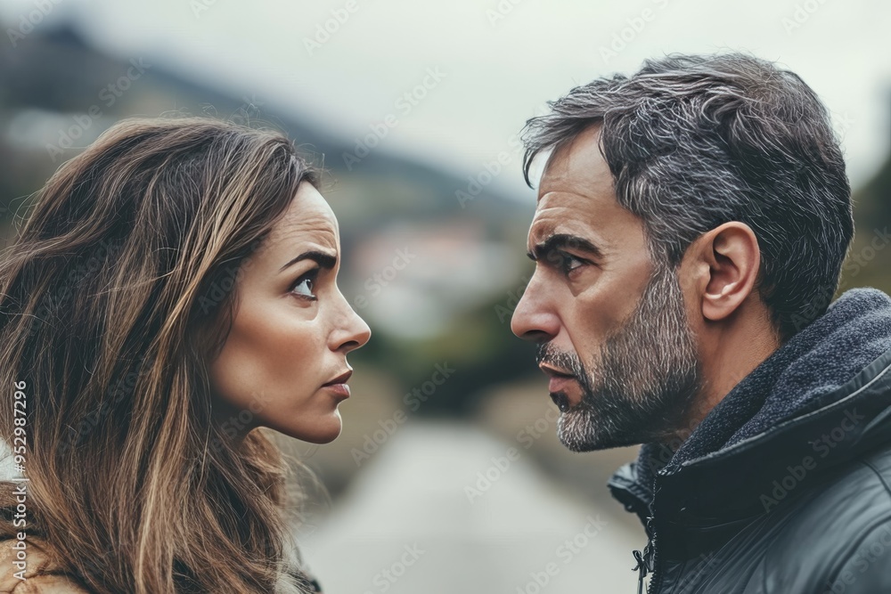 Poster intense silhouetted couple with contrasting neural brain patterns symbolizing cognitive conflict emo