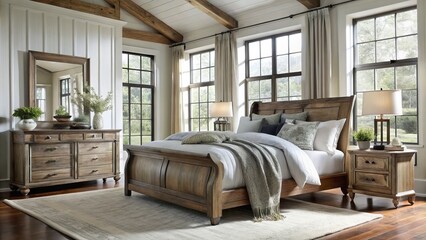 European farmhouse bedroom furniture stanley style distressed wood sleigh bed rustic modern interior design European
