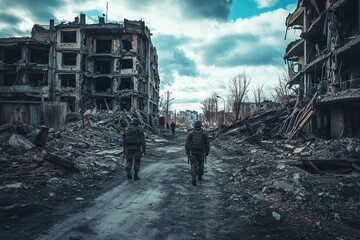 Soldiers navigate the debris of ruined buildings, highlighting the unsettling aftermath of war in a desolate urban landscape. Generative AI
