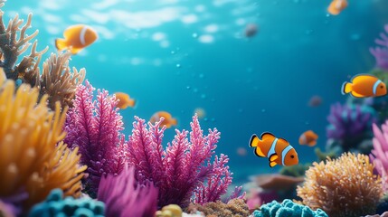 Coral reef, clownfish and sea turtles, vibrant underwater scene, 3D illustration