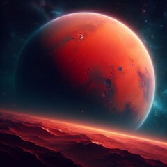 Red planet Mars in our solar system, depicted as a vibrant sphere in the vastness of space