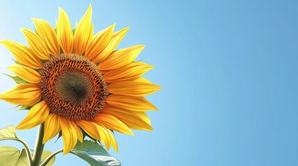 Obraz premium A realistic sunflower with detailed petals and a clear blue sky background, providing space below for text, suitable for summer-themed greetings.