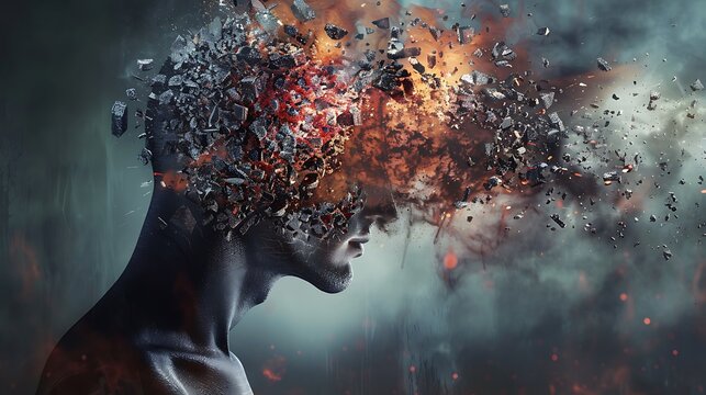 A surreal depiction of a human head exploding with fragments, symbolizing chaos and mental turmoil.