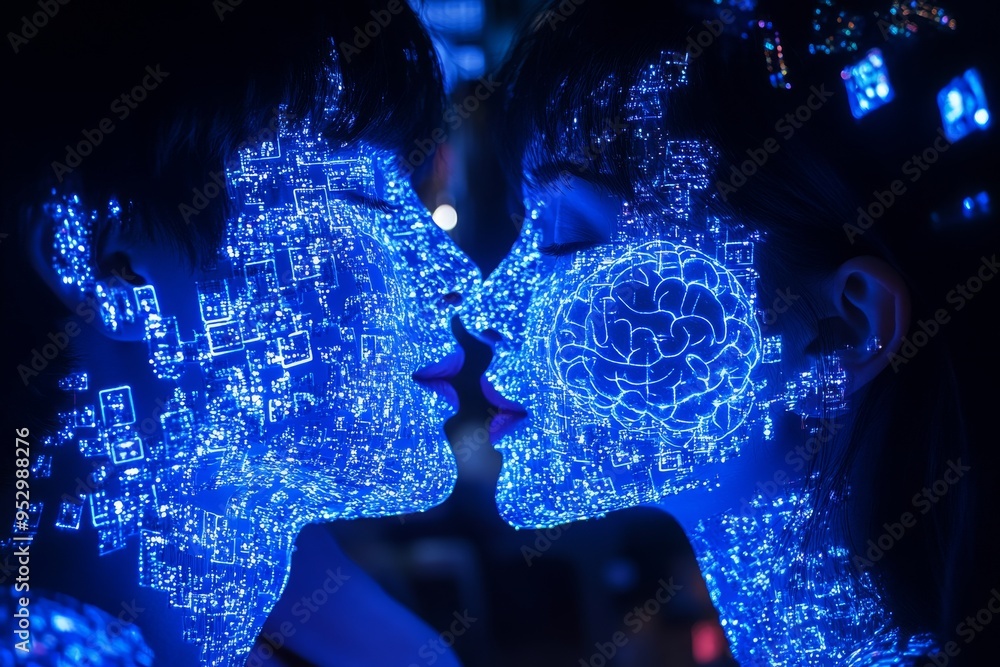 Aufkleber close up of two faces with blue digital brain patterns symbolizing cognitive connection emotional sy