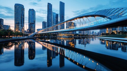 Modern city skyline with a reflective bridge over a tranquil canal at dusk.