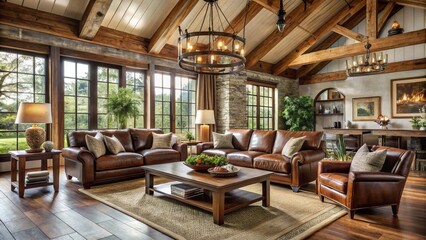 Fototapeta premium Farmhouse Furniture Rustic Decorative Living Room Sets Modern Country Style Wooden Sofa Mocha Brown Leather Accent