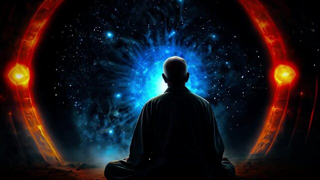 Spiritual yoga meditation in space, wise monk going deep into mind through circular magic gateway with yoga in lotus position spreading aura, strength and power generative AI