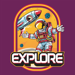 Astronaut Explore Spaceship in Hand Drawn Vector Cartoon Illustration Design for sticker, badge, patch, banner, greeting card, invitation