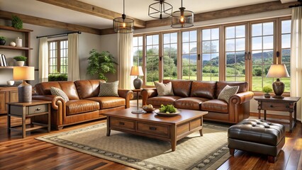 Fototapeta premium farmhouse living room brown furniture