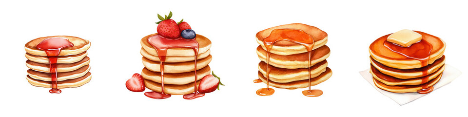 A delicious illustration of stacked pancakes topped with syrup and fruits, perfect for breakfast-themed designs and recipes. isolated on a transparent background