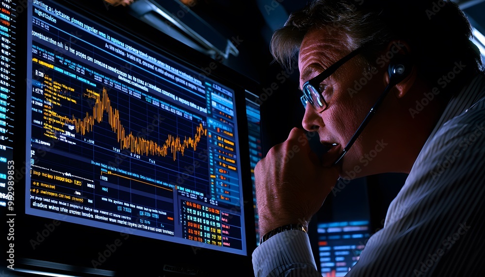 Poster man in glasses and headset analyzing stock market data on computer screen