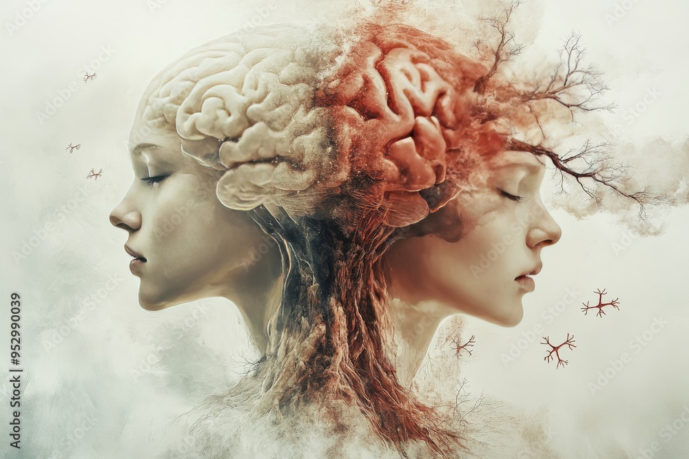 Poster dual female profiles with contrasting brain patterns symbolizing cognitive duality emotional conflic