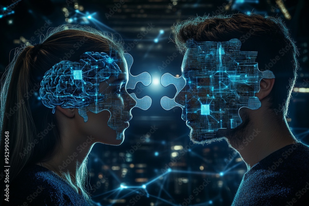 Poster abstract silhouettes with glowing brain patterns symbolizing cognitive connection emotional reflecti