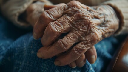 Fototapeta premium Close-up of aged hands resting on a lap, symbolizing wisdom and the passage of time.
