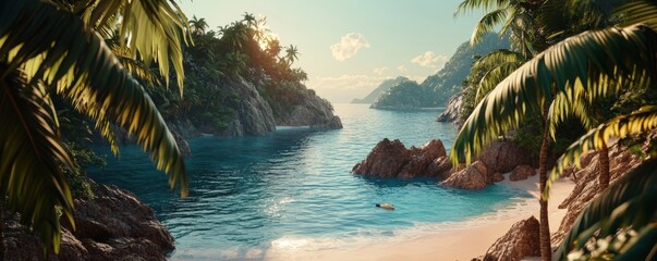 Tropical Beach Paradise with Sandy Shore, Crystal Clear Water, and Lush Greenery Under a Sunny Sky