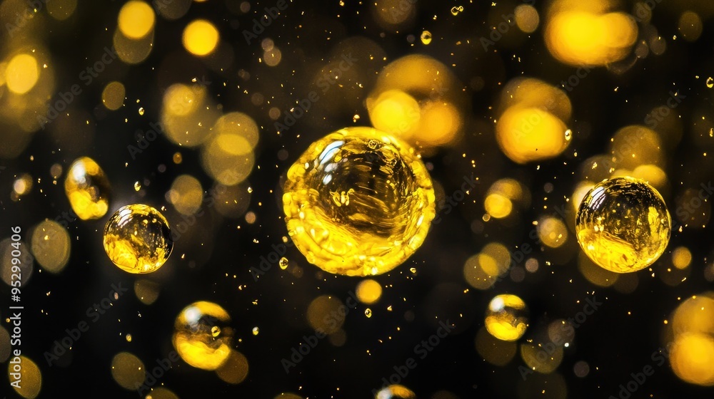 Poster A close-up view of golden bubbles floating in a dark background, creating a mesmerizing effect.