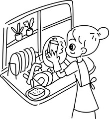 parent and children washing dishes cartoon outline