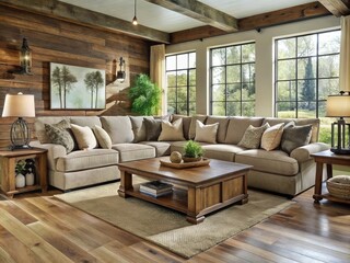 Farmhouse-style oversized sofa sectional with rustic wood accents and plush velvet fabric