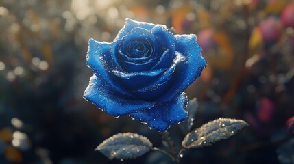 A single, realistic blue rose with intricately detailed petals, symbolizing uniqueness and rarity.