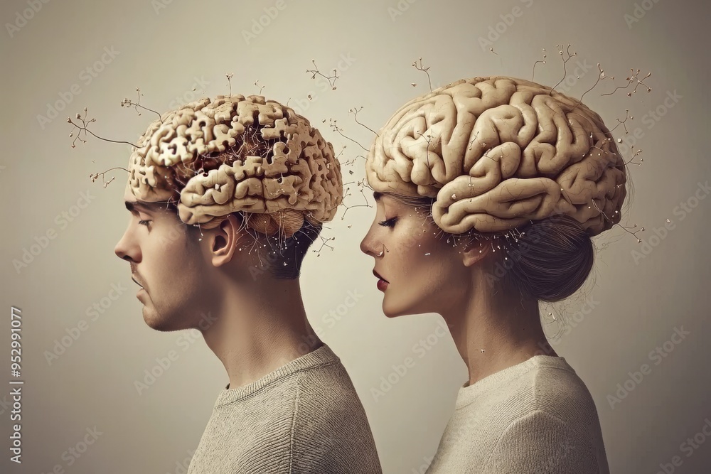Aufkleber silhouettes of a young couple with glowing brain patterns symbolizing cognitive bonding emotional co
