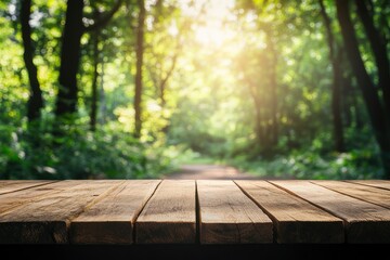 Empty wood table top with blur background of nature lush green forest. The table giving copy space for placing advertising product on the table along with beautiful green forest nature background, ai