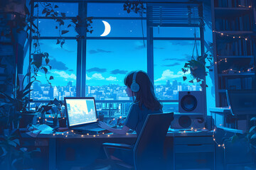 Girl enjoying music on vinyl with fairy lights in her room under a starry night sky. Anime style, Cozy vibes